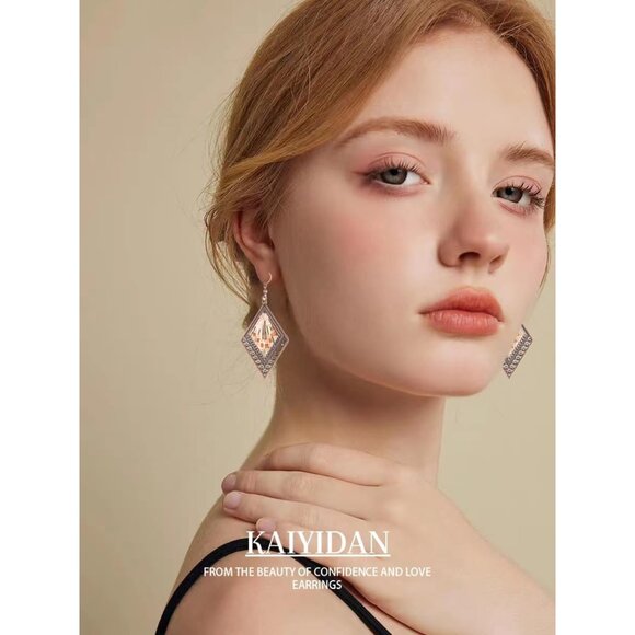 Diamond Shaped Brown Gold Boho Dangle Statement Vintage Dainty Earring for Women - Picture 2 of 9